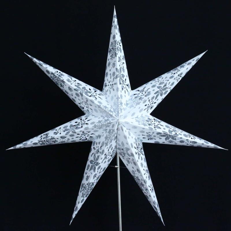 Venya White/Silverglitter - Foldable glowing star, paper poinsettia with 7 points, 60 cm
